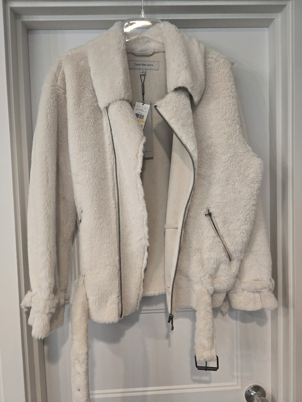NWT!! Calvin Klein Faux Shearling Belted Moto Biker Jacket. Size M
